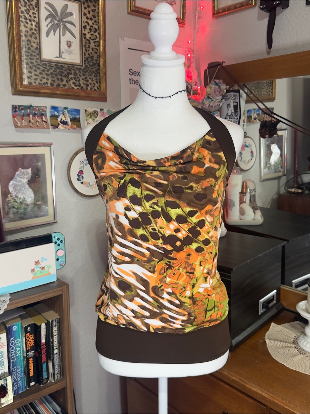 Y2K Brown & Orange Animal Print Halter Tank Top
